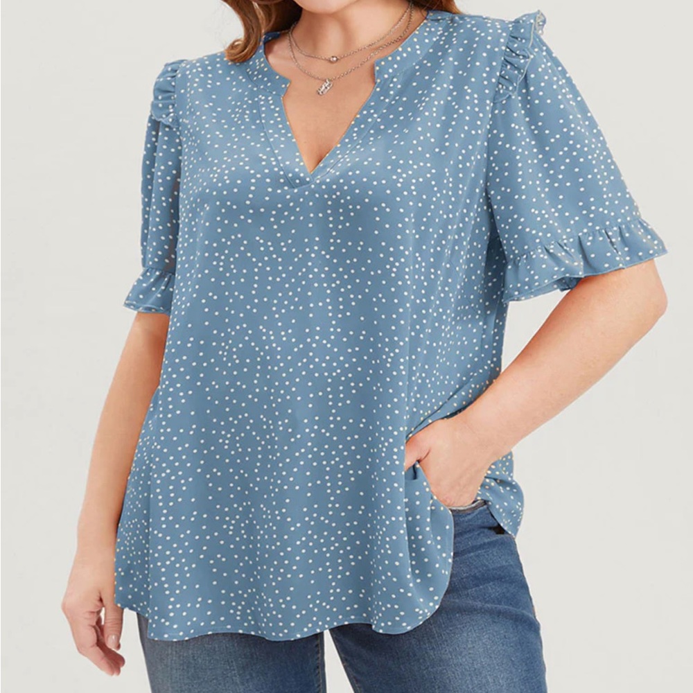 LIGHT BLUE Polka Dot V Neck Ruffle Trim Blouse